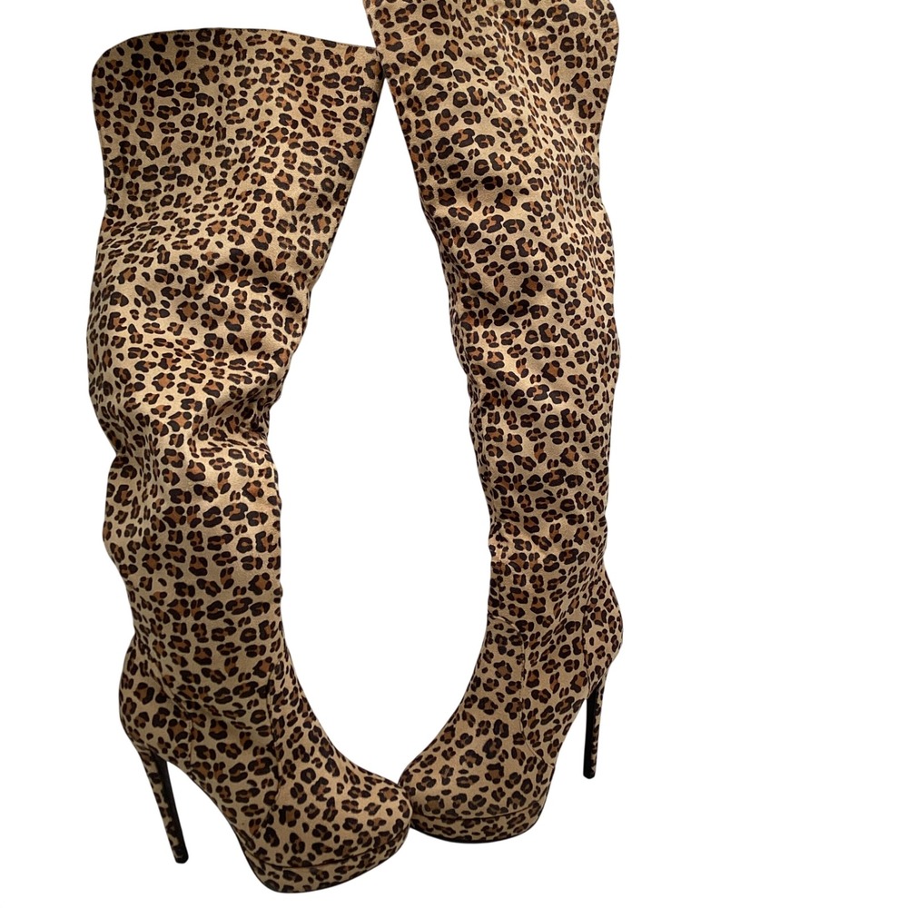 AmiClubwear Leopard Print Over The Knee Platform Stiletto Boots Brown Tan Sz 10